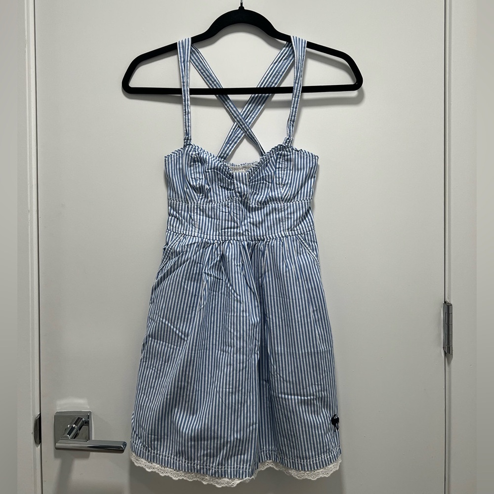 Abercrombie & Fitch Blue Striped Dress Lace Eyelet Detail with Pockets